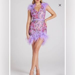 Nadine Merabi - Isla Belted Ostrich & Turkey Feather Trim Minidress